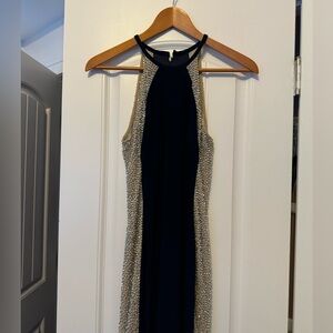 XSCAPE Navy and Tan Long Dress NWOT